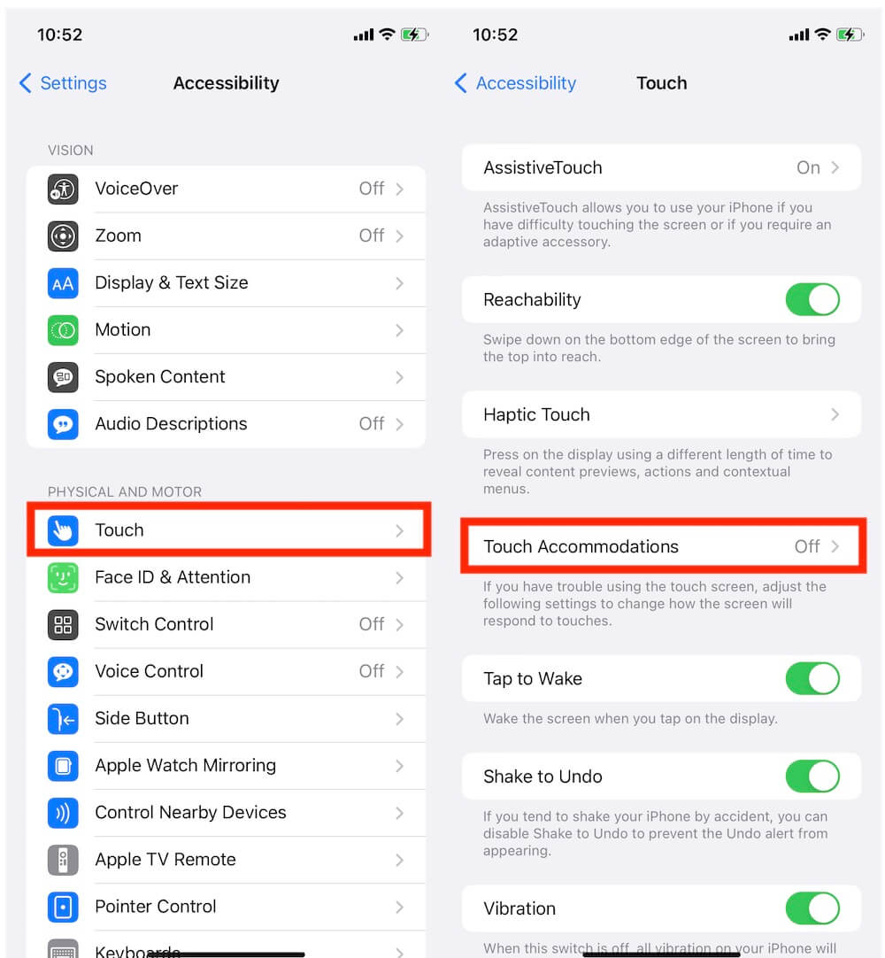 change iPhone touch Screen setting