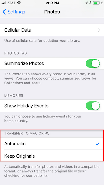 iPhone tranfer photo settings