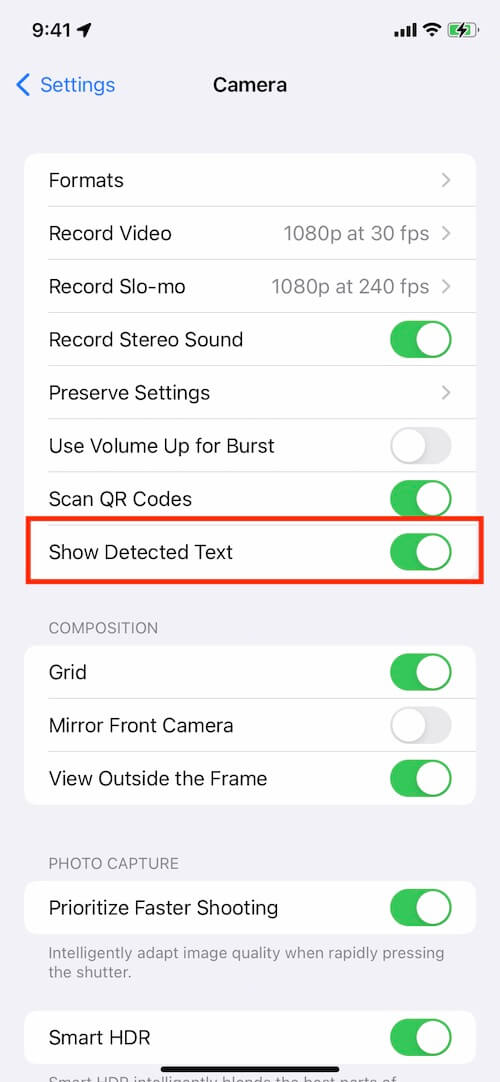 Disable Show Detected Text in Camera