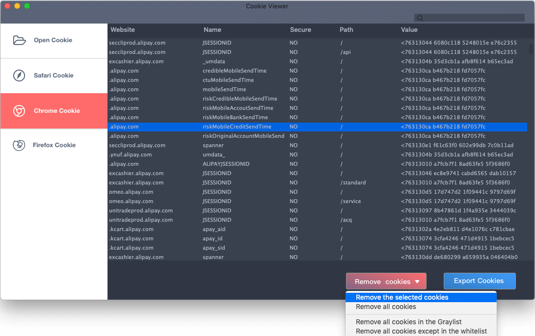 remove selected cookie data with cookie viewer