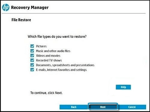 hp recovery manage choose restore file types 
