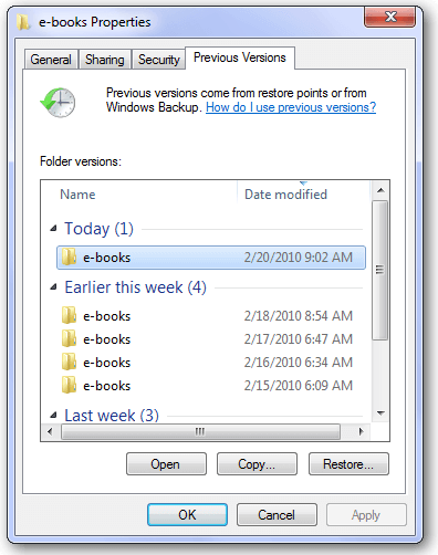 restore previous files from windows laptop