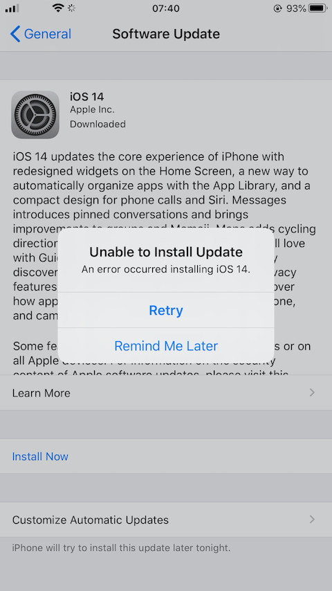 can not update to iOS 14