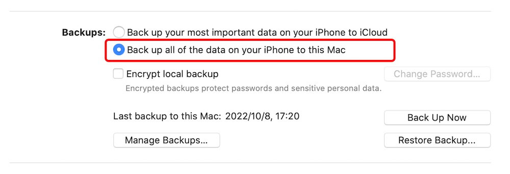 Change the iPhone Backup option