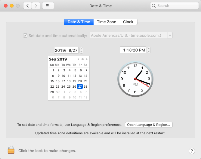 date and time zone setting on mac
