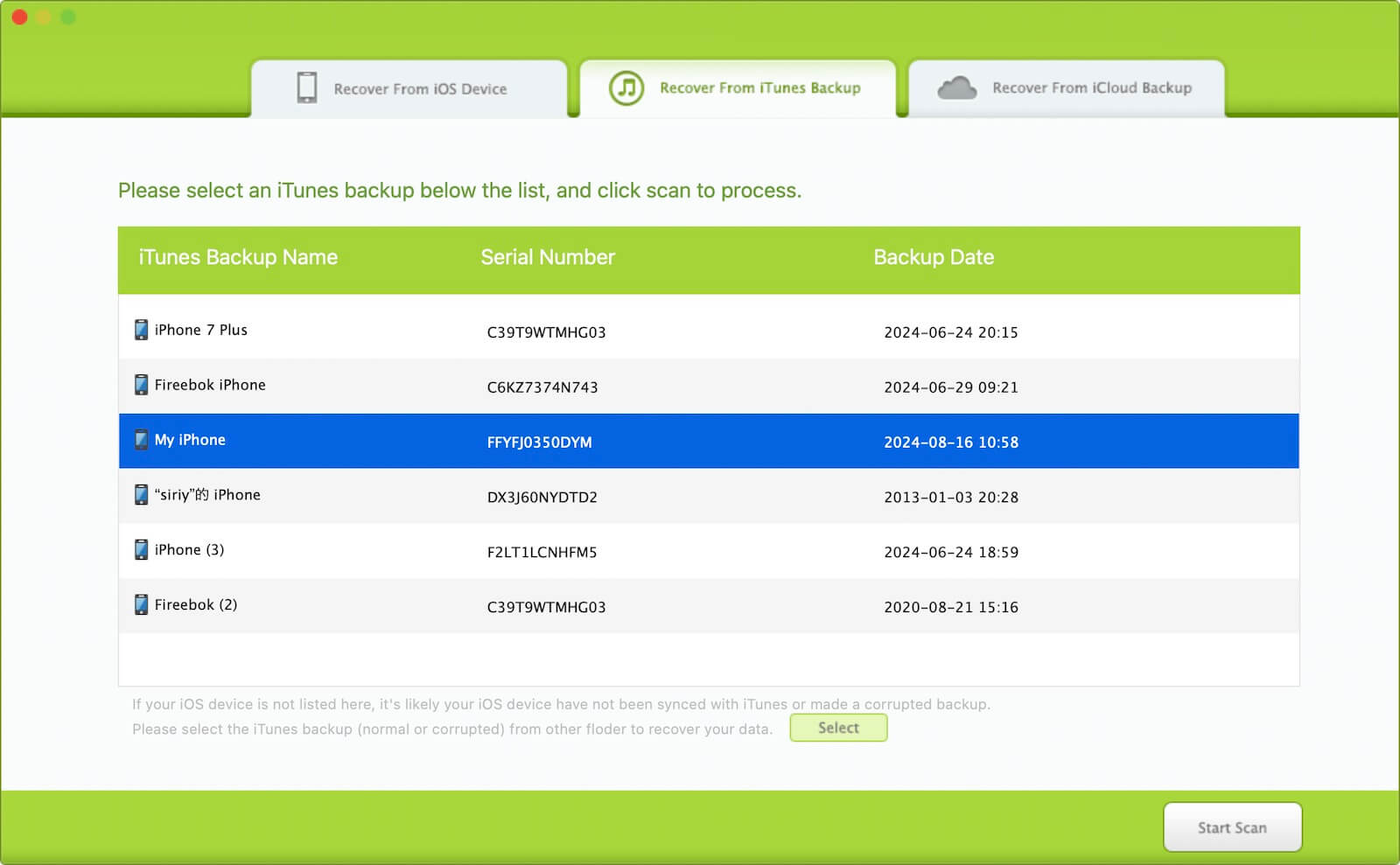 iphone backup list in fone resuce