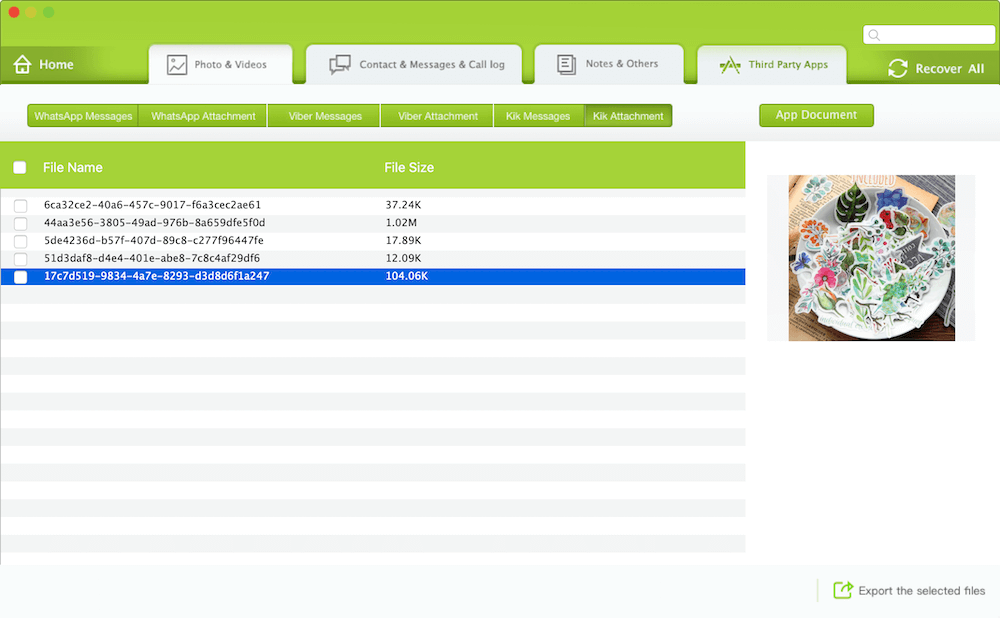 export and save selected Kik message attachments