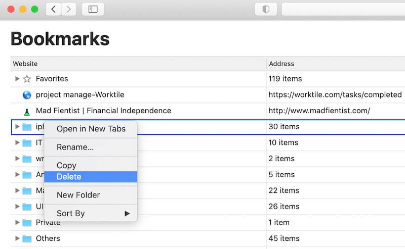 safari delete bookmark folder