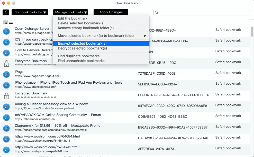 encrypt Safari bookmark