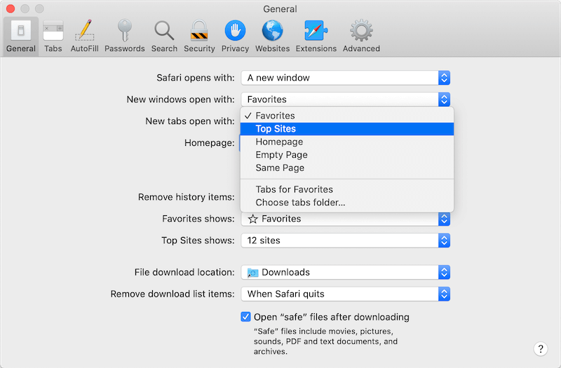 set safari start page