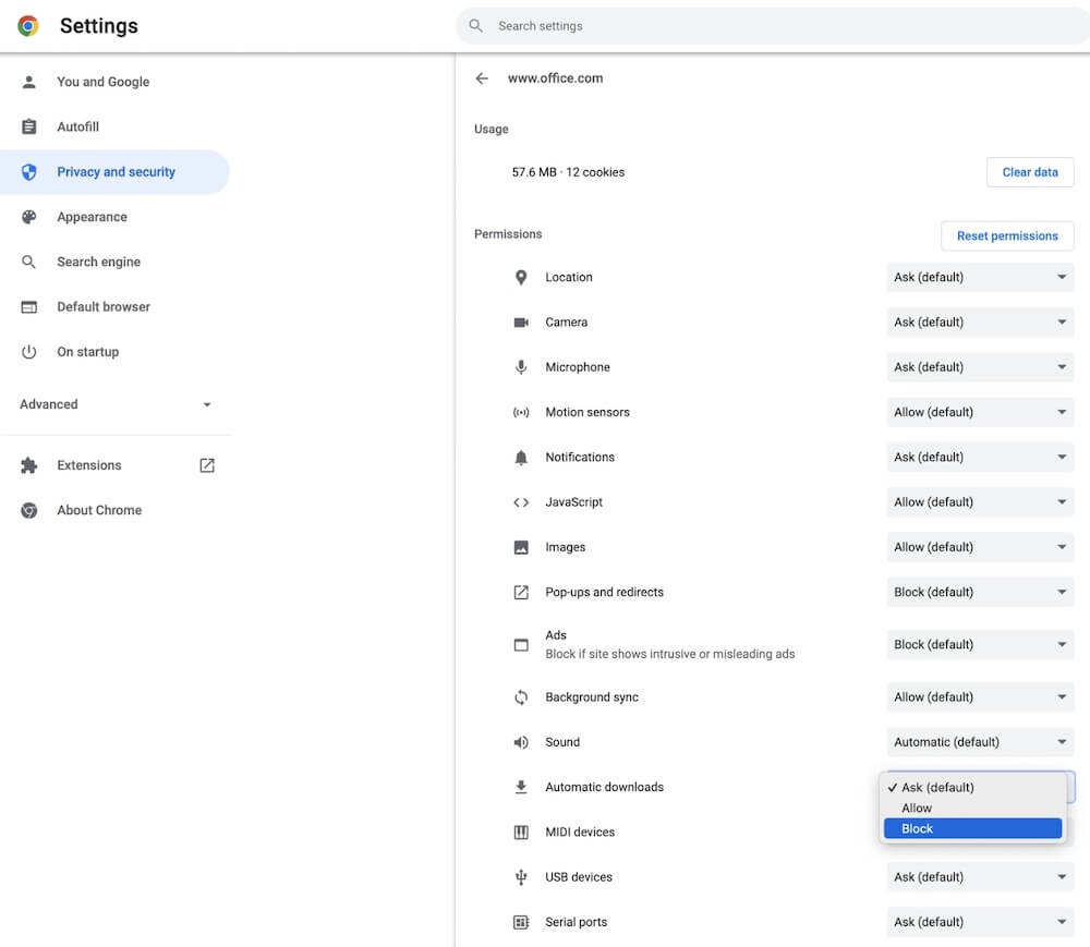 block website download in chrome