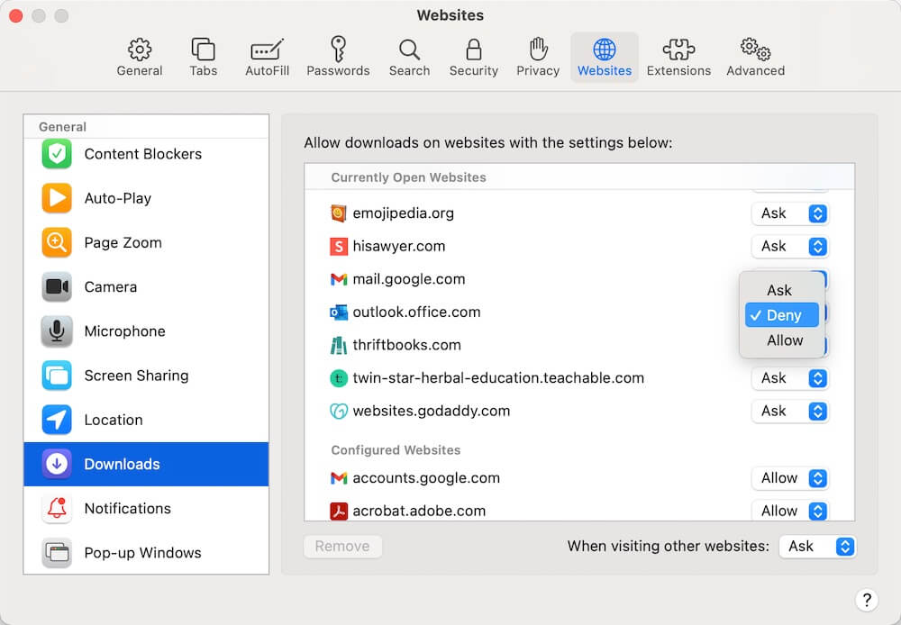 block website download in Safari