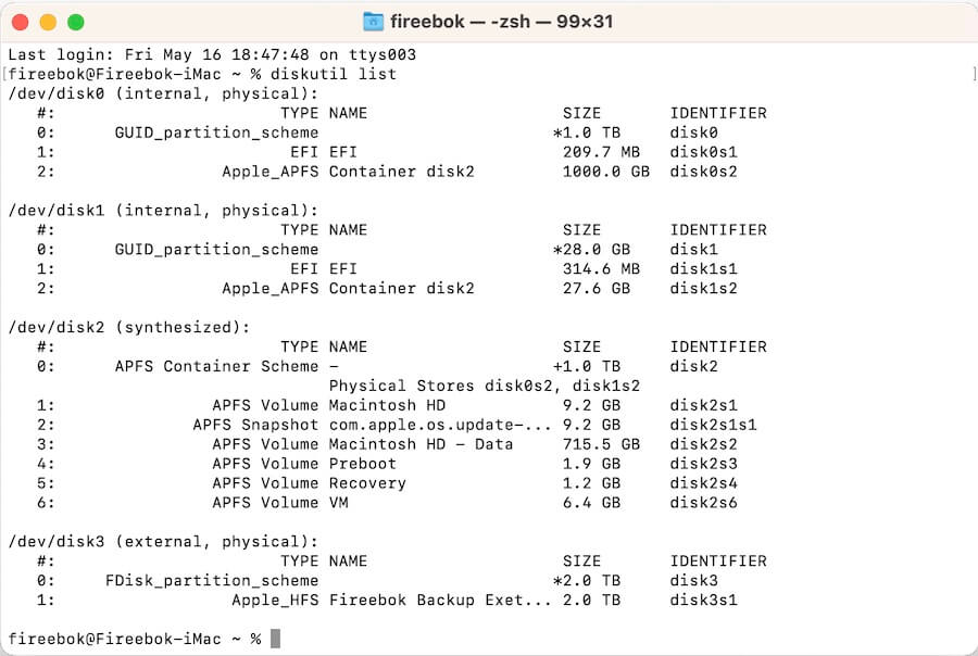 diskutil list all disks and partitions