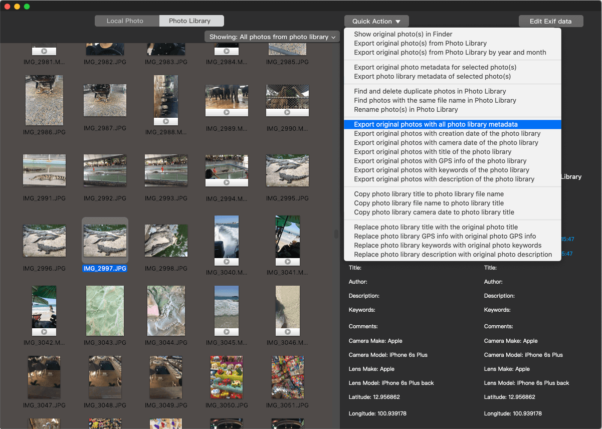 Export photos from photo library with photo metadata