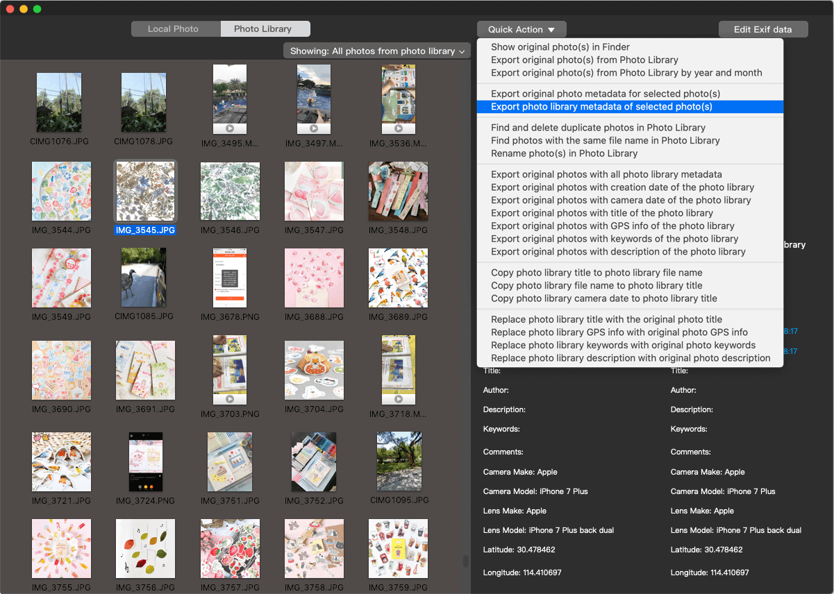 Export photo metadata of photos in photo library