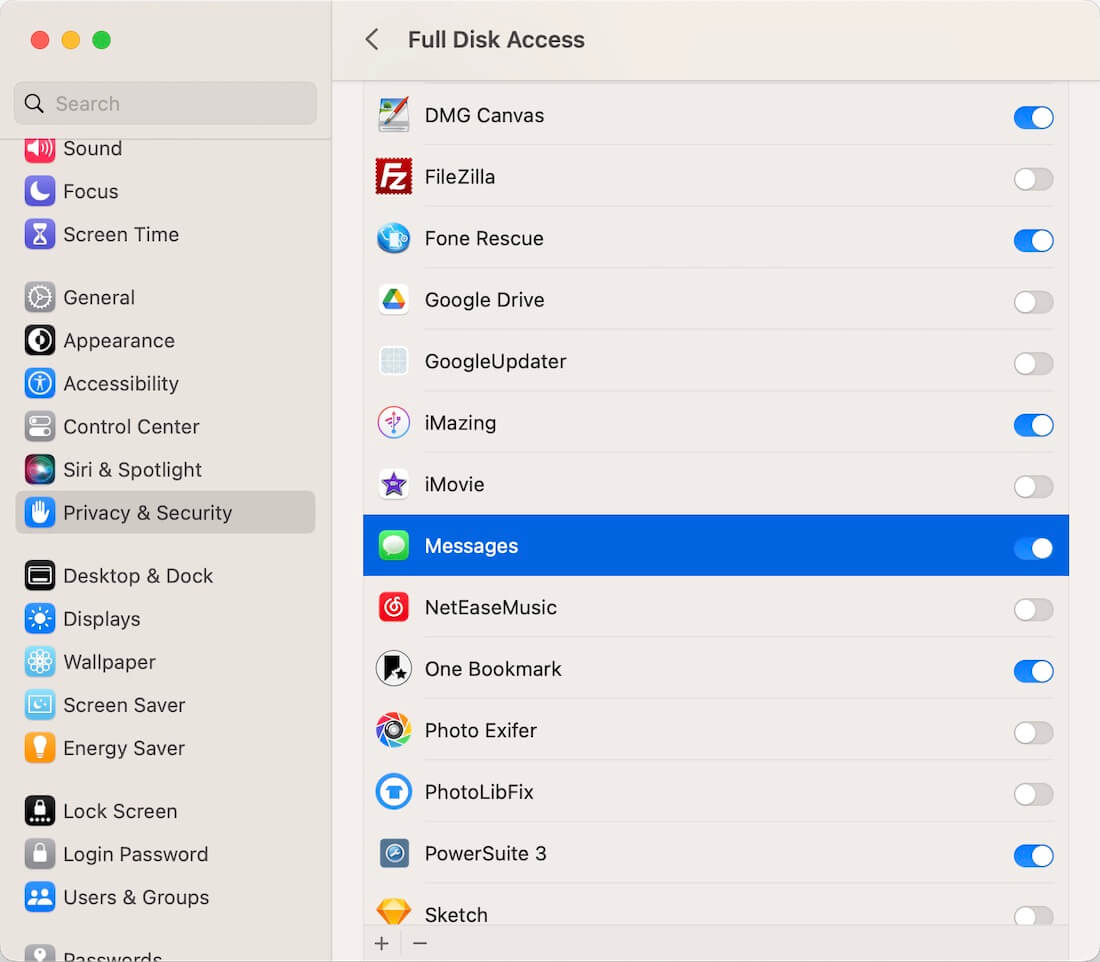Add Messages to Full Disk Access