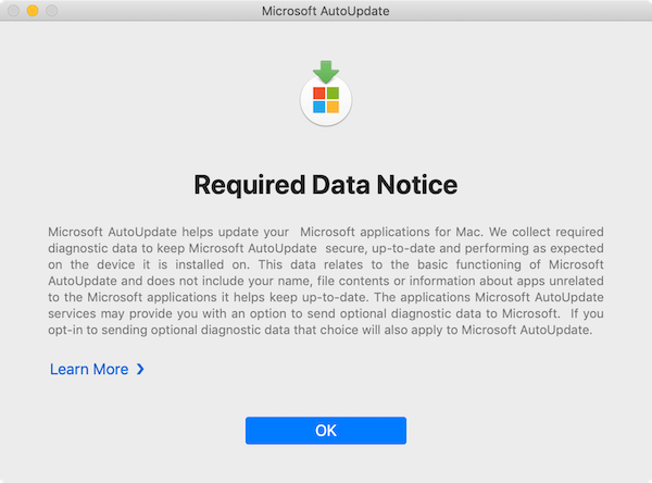 Microsoft Require Data Notice on macOS