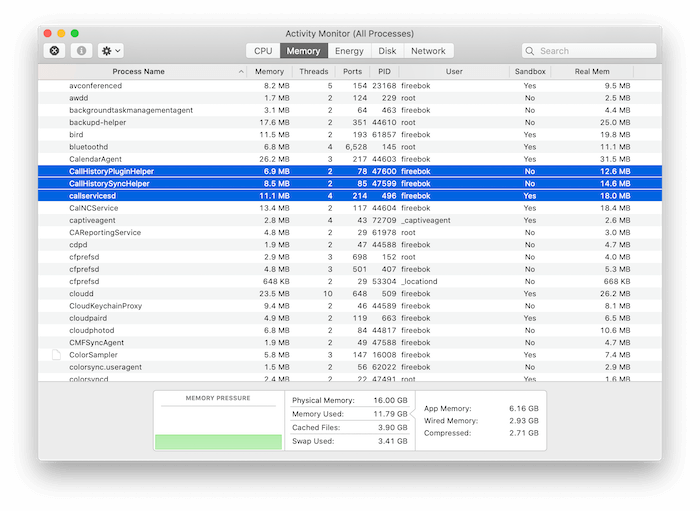 quit call history process on Mac