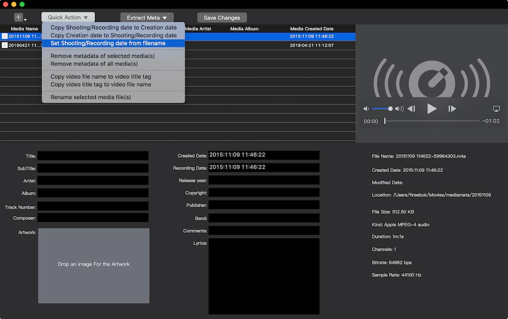 set voice memo date from filename