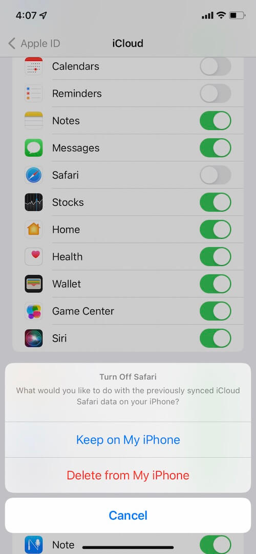 turn icloud safari on iphone