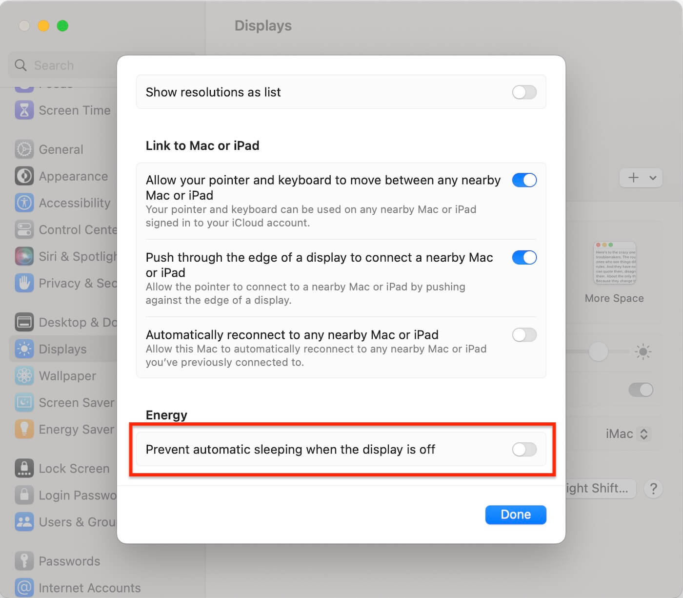 turn off Mac display sleep