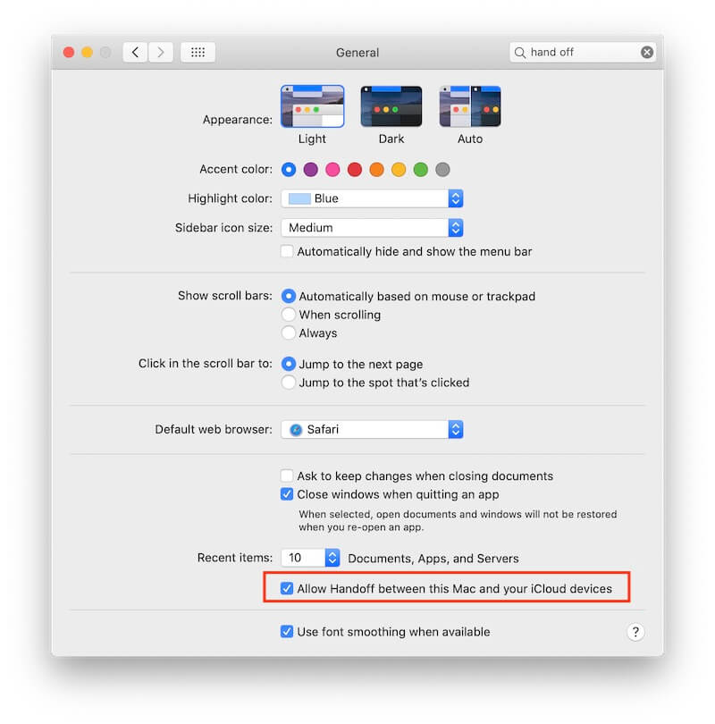 turn off hand off on Mac