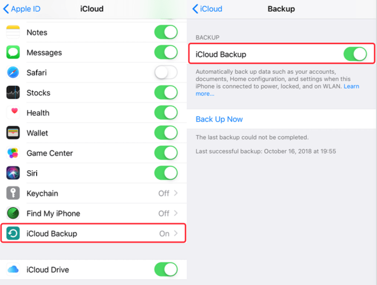 turn on iCloud backup