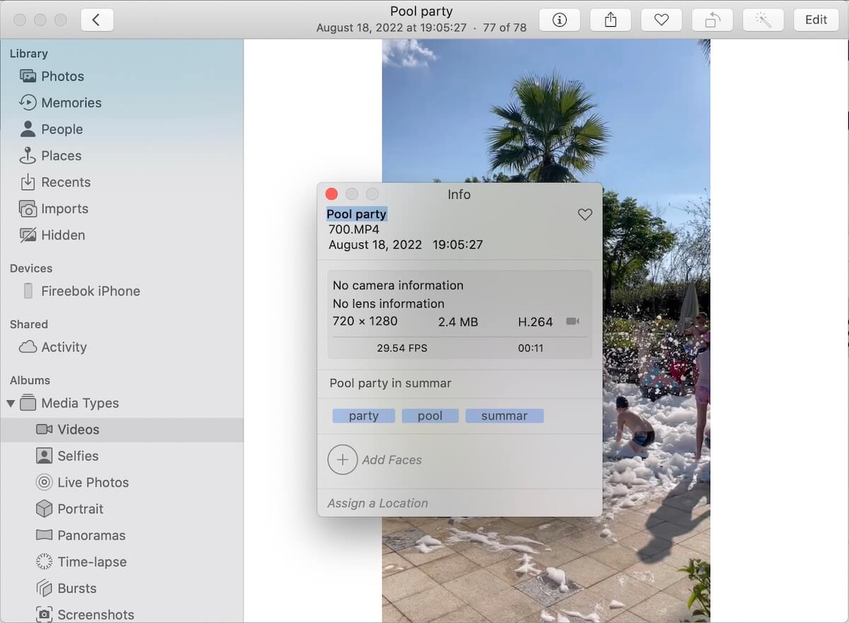 video metadata in photos Mac