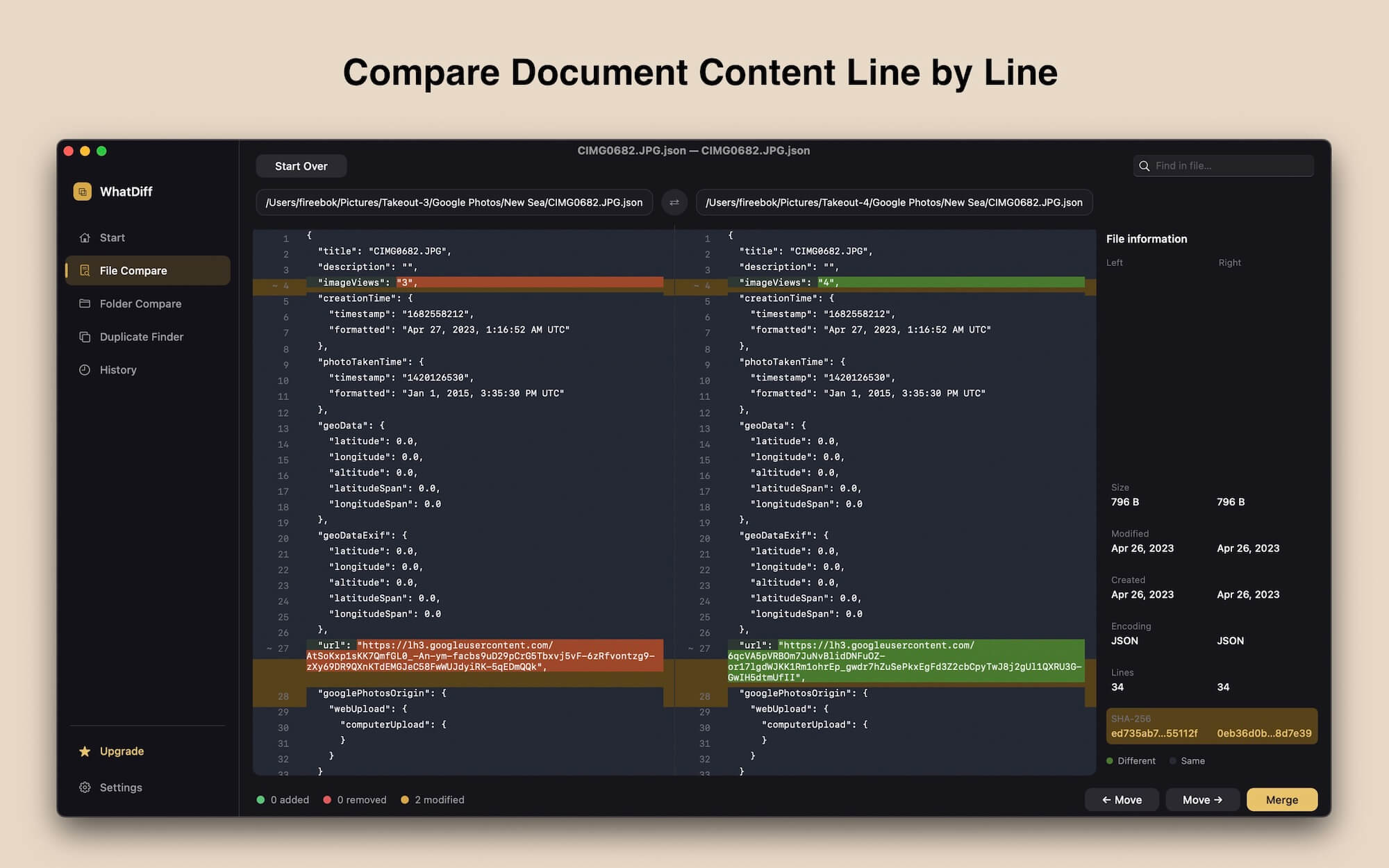 whatdiff compare documents line by line on mac