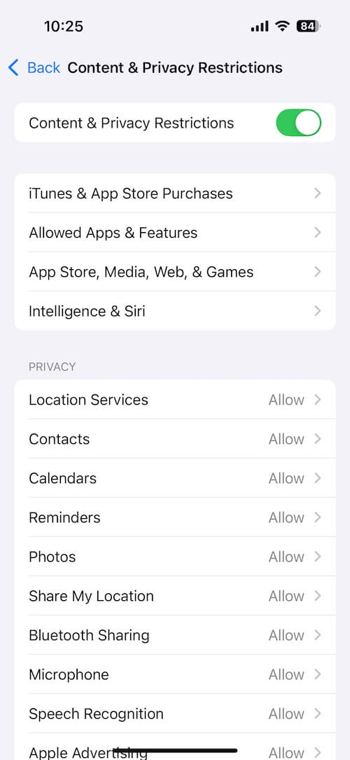 Screen Time Privacy setting