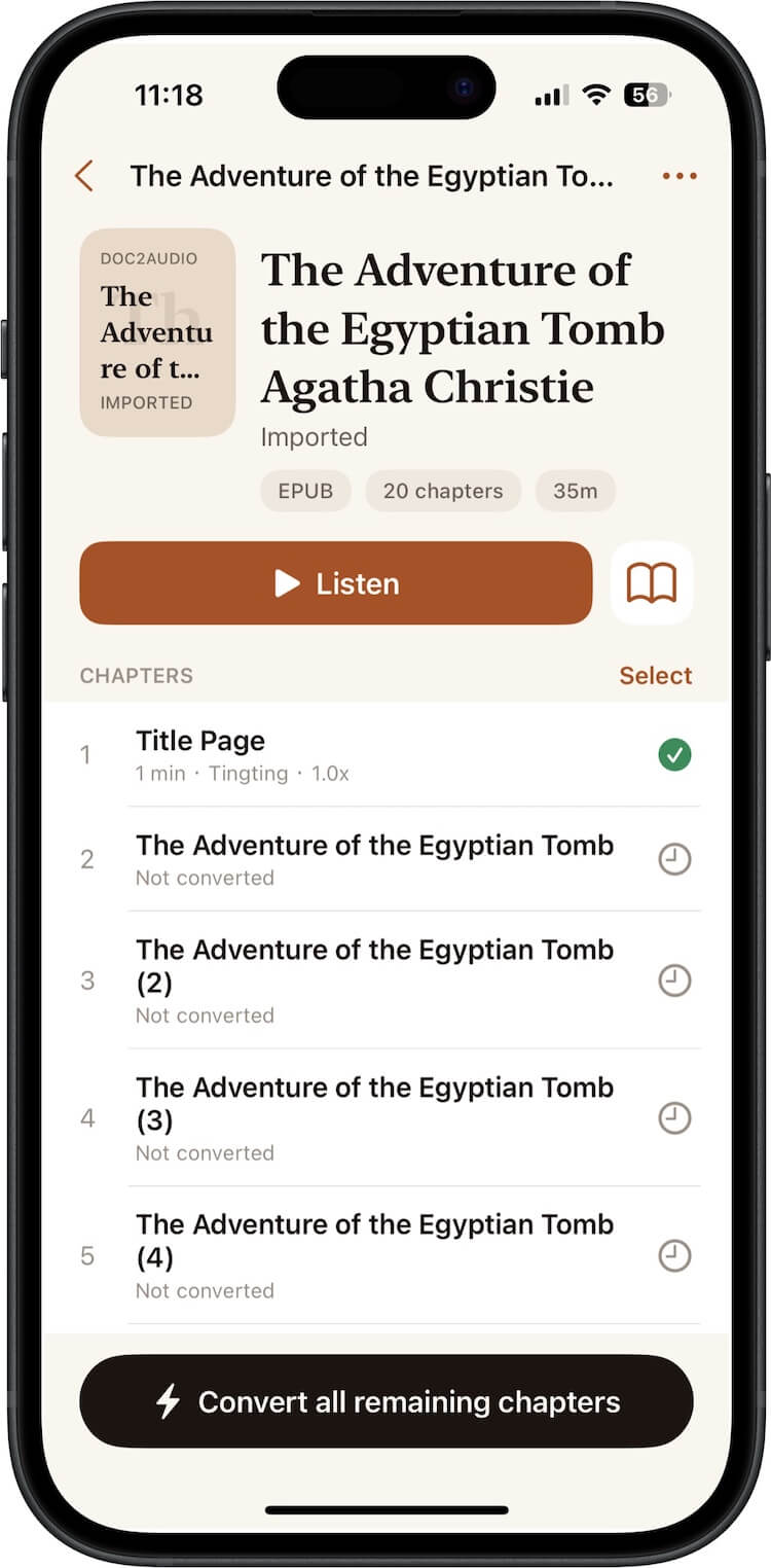 convret epub file to audio on iPhone