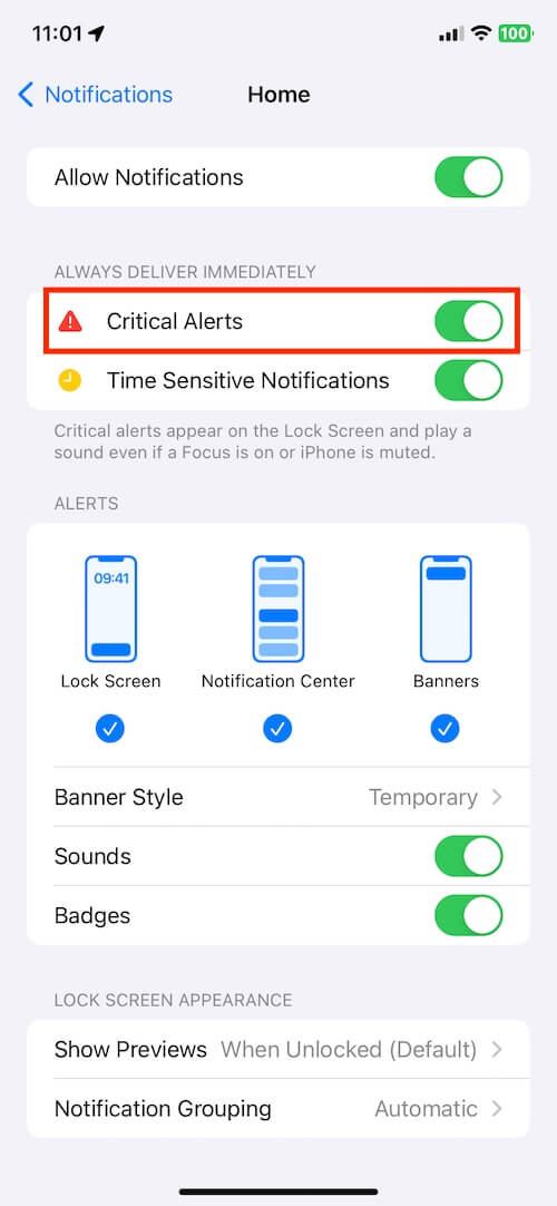 Turn off home critical alerts on iPhone