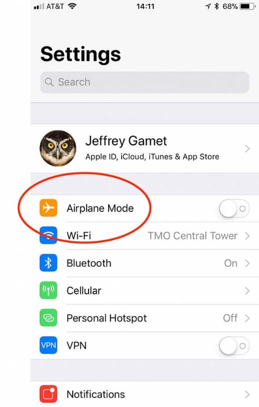 Turn on iPhone airplane mode