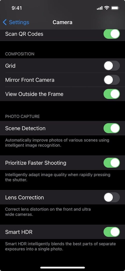 Turn off Scene Detection in Camera Settings
