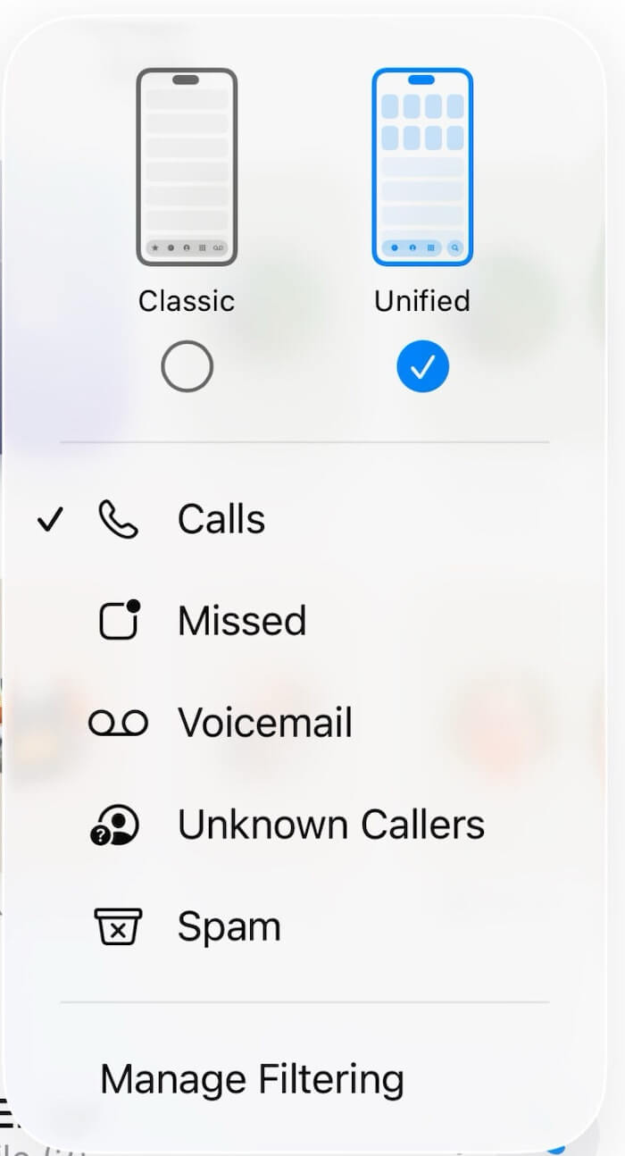 Phone Recents View (Classic vs Unified)