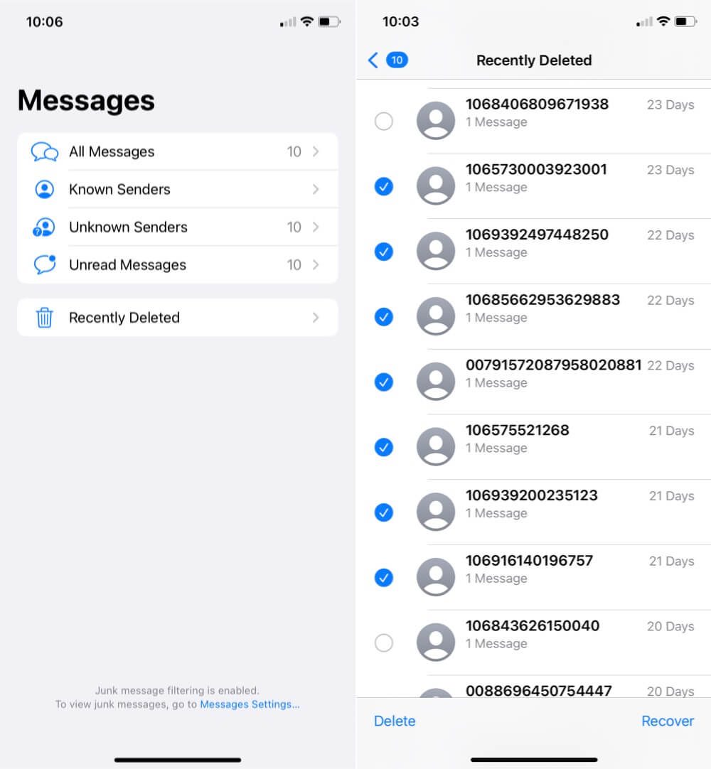 recently deleted messages