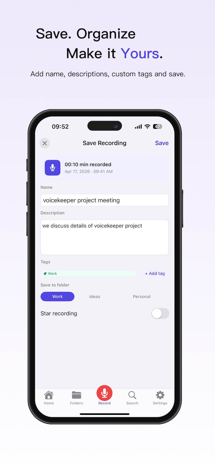 save recording with voicekeeper