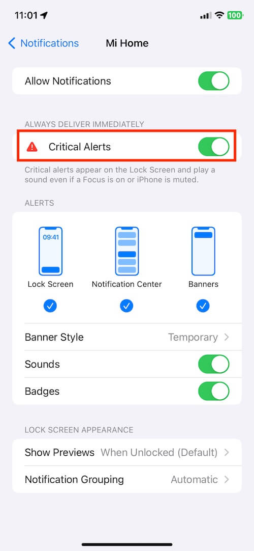 Turn off third party app home critical alerts on iPhone