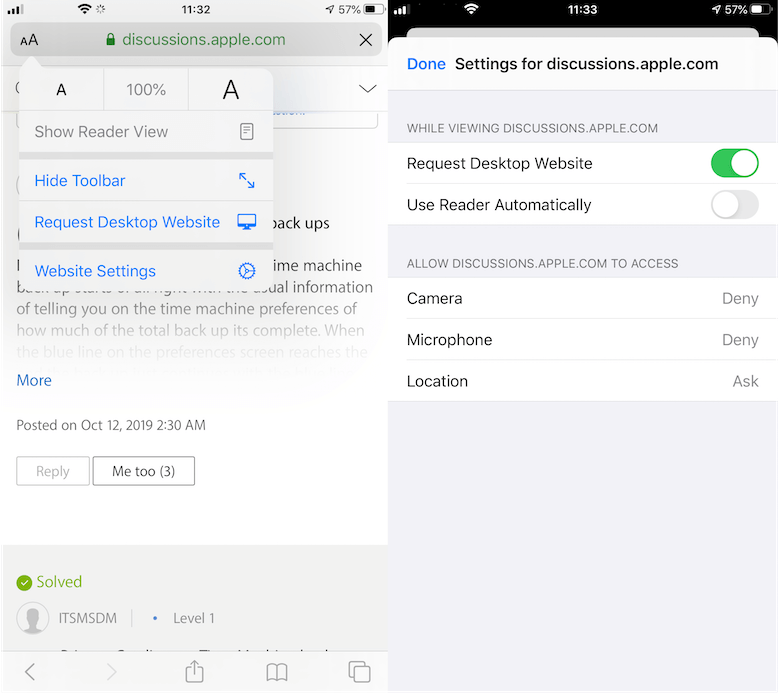 turn off request desktop website on iPhone