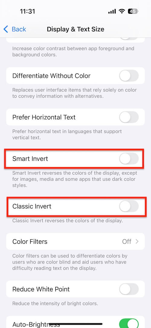turn off smart invert option o iPhone
