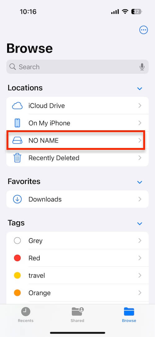usb drive in files app