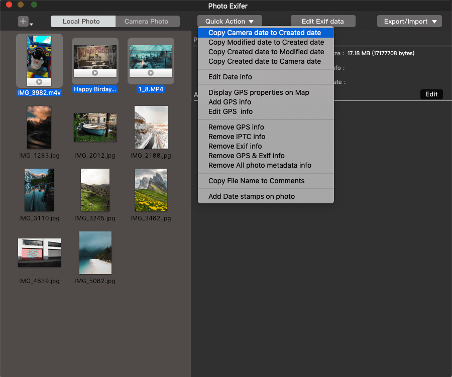 batch copy camera dates of video files to creation date with one click
