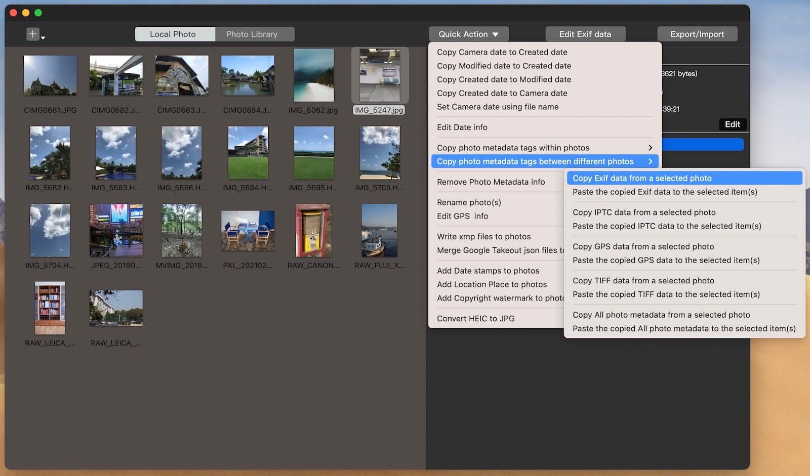 Copy Exif data and other photo metadata between photos