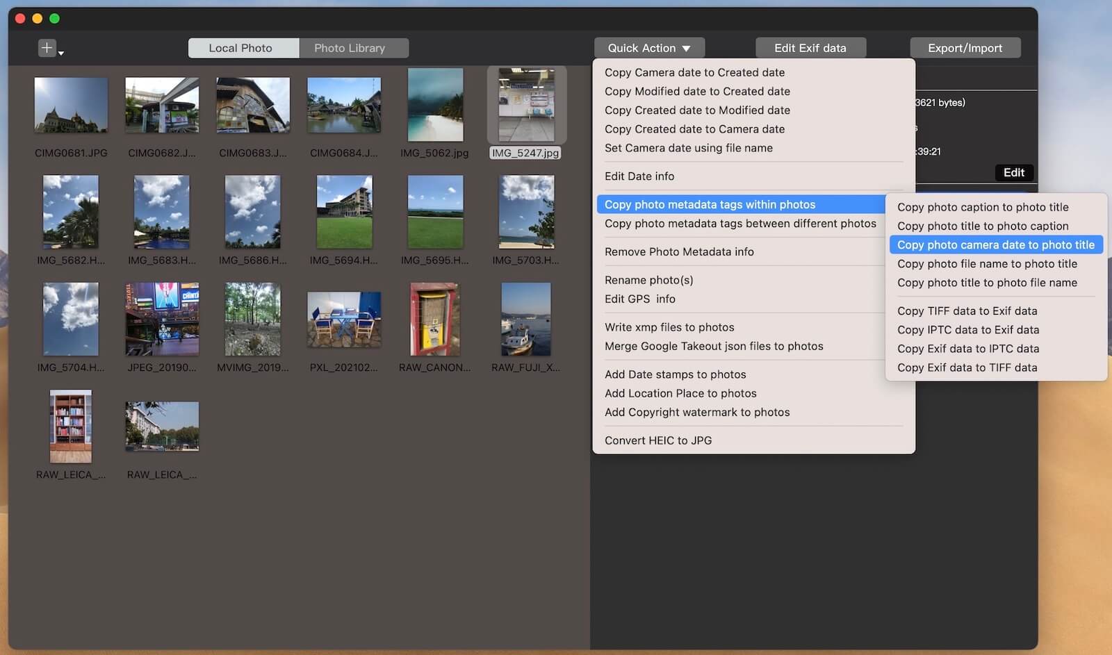 Copy Exif data and other photo metadata within photos