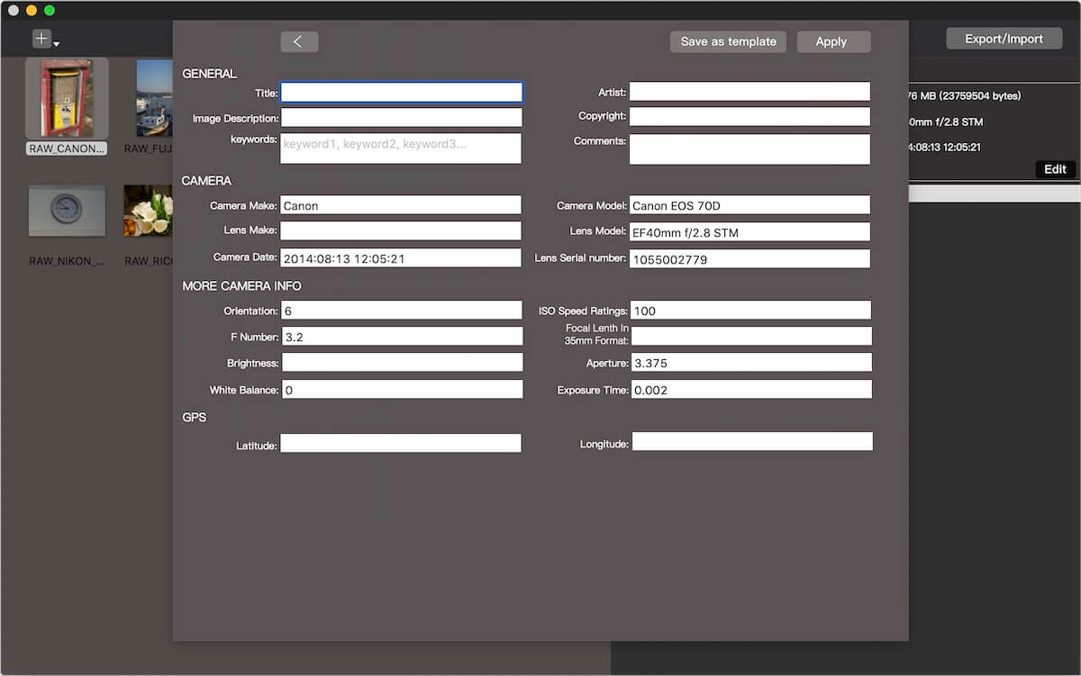 edit camera and lens exif data