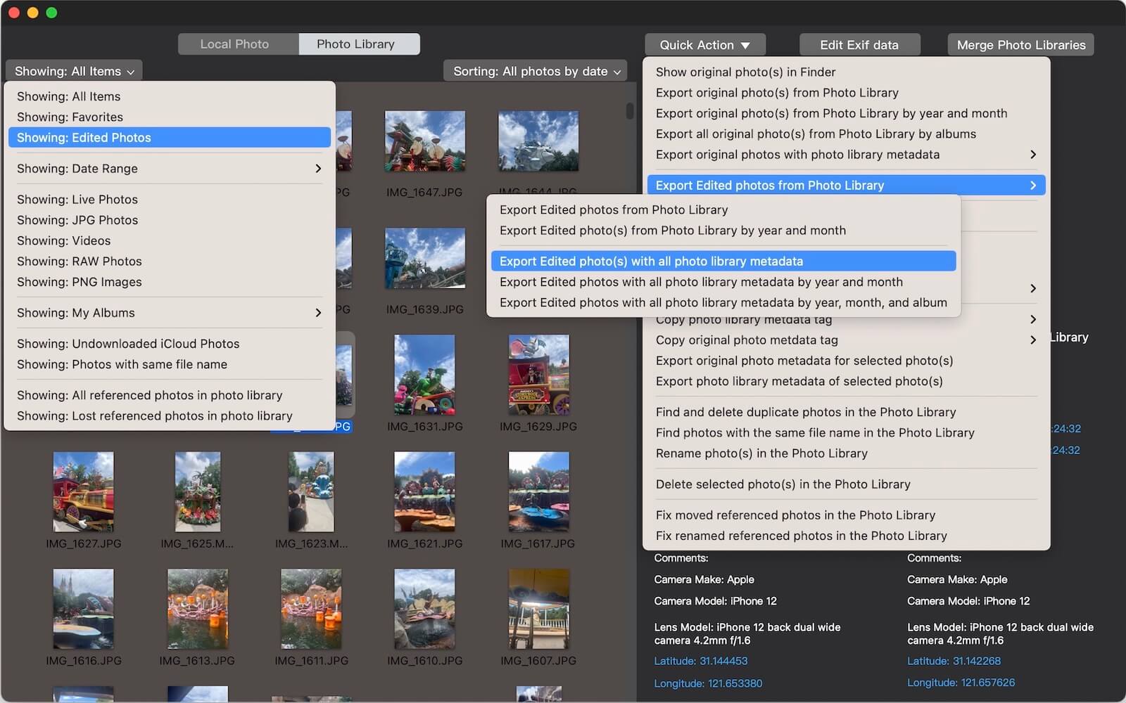 export edited photos from photo library 