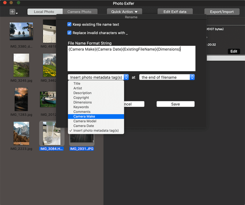 insert photo metadata to file name