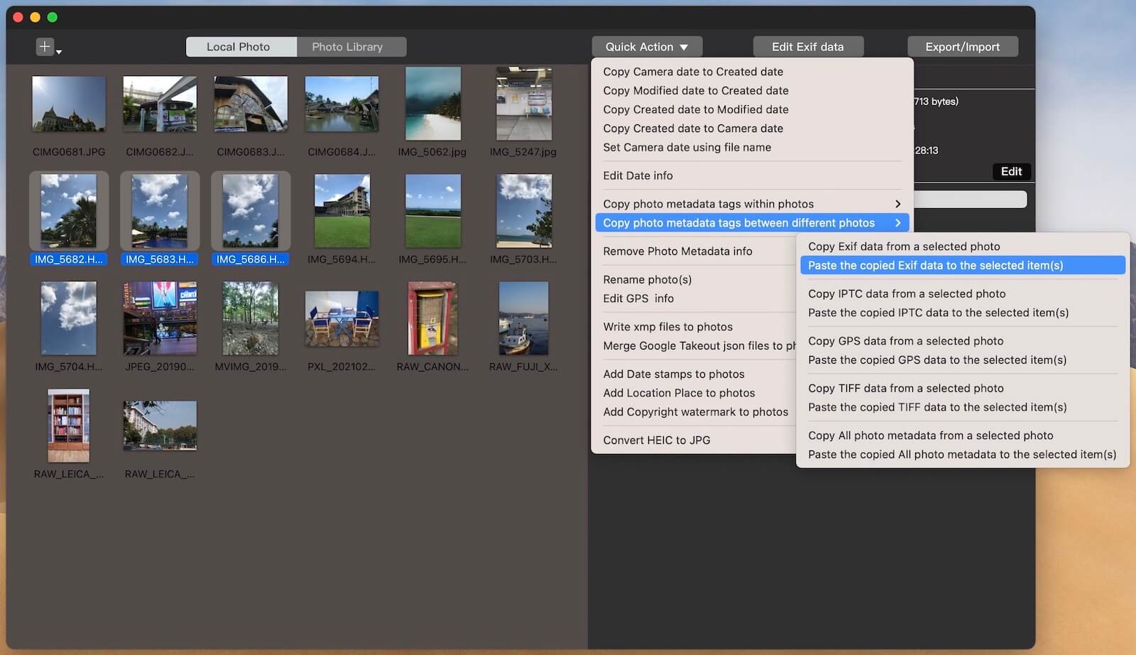 Paste Exif data and other photo metadata between photos