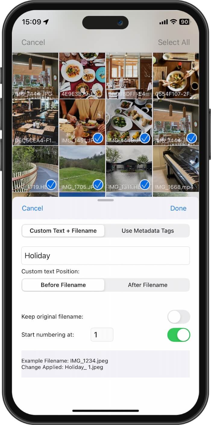 rename photos use metadata on iPhone