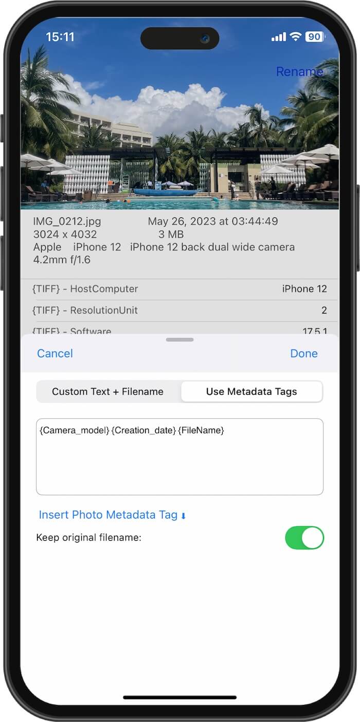 rename photos use custom text on iPhone